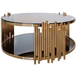 EasyLoft Luxury Round Glass Coffee Table with Gold Steel Frame