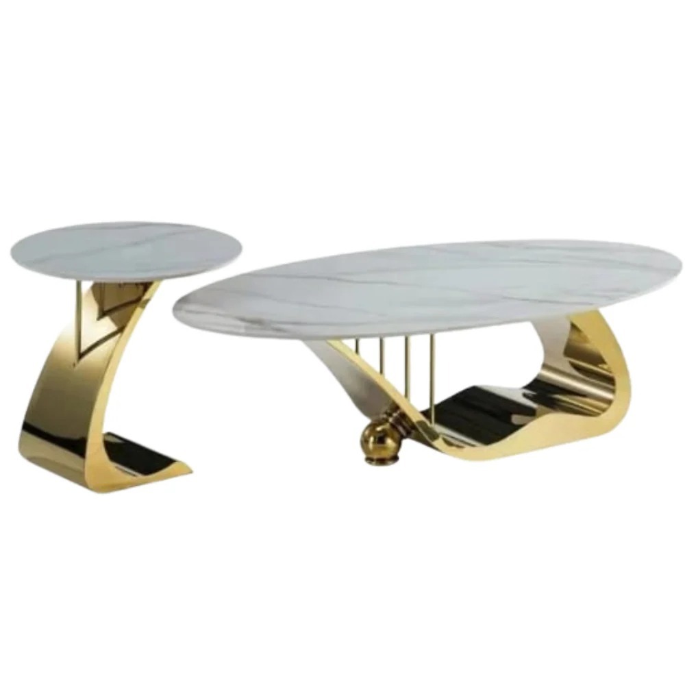 Modern Gold Frame Marble Top Nesting Coffee & Side Table Set
