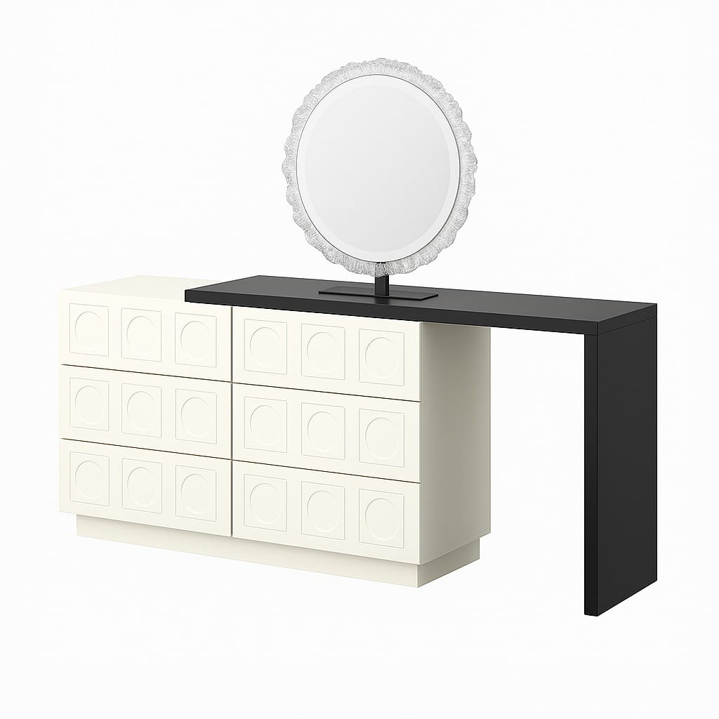 Modern Floating Vanity Desk with 6 Drawer Storage Cabinet & Round Mirror