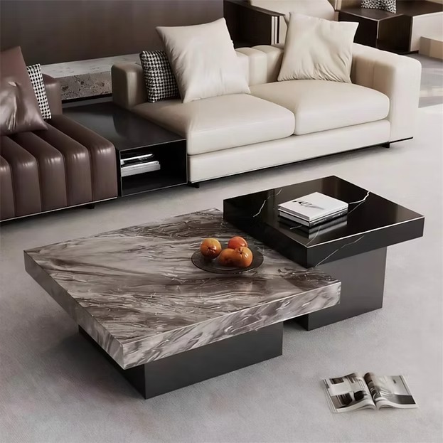 Modern Nesting Coffee Table Set - 2-Piece Square Marble & Black - Image 2