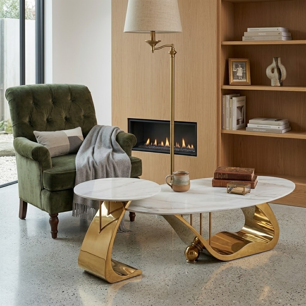 Modern Gold Frame Marble Top Nesting Coffee & Side Table Set - Image 3