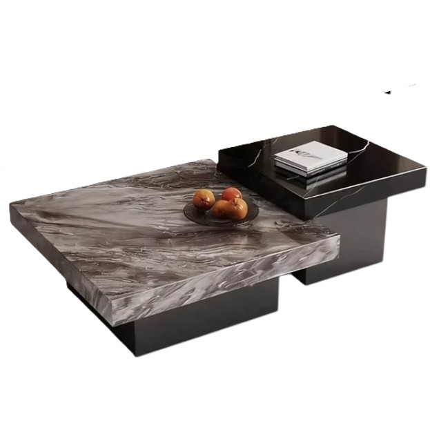 Modern Nesting Coffee Table Set - 2-Piece Square Marble & Black